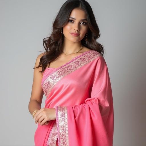 A young woman wears a pink saree. The saree has intricate borders. The woman's hairstyle is loose waves. She presents an elegant pose. The background is neutral. Emphasis on the details of the saree.