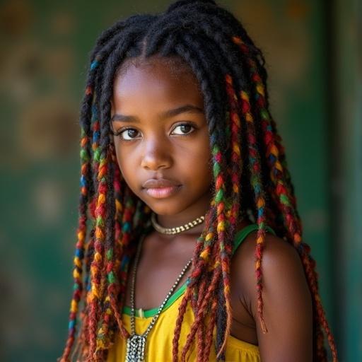 Beautiful girl with long rainbow Rasta braids and indigo eyes