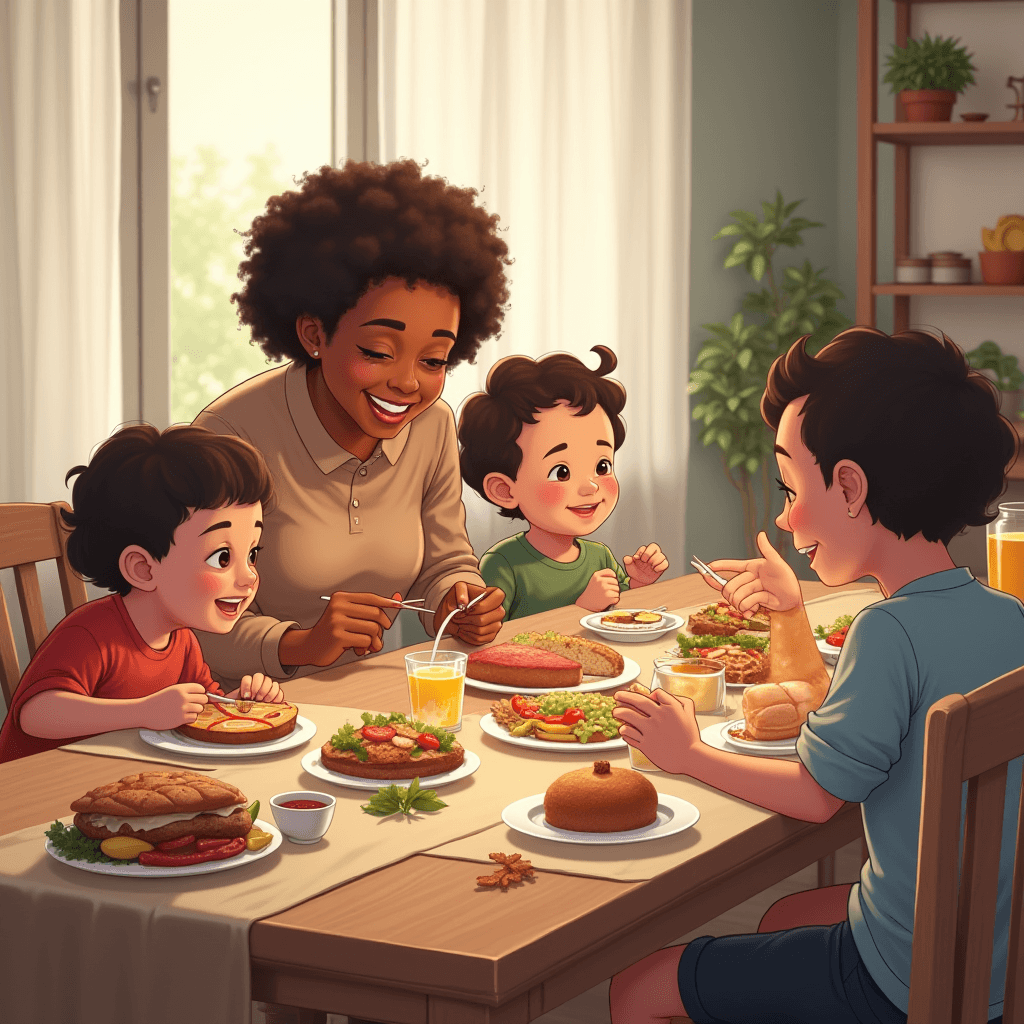 A joyful family shares a balanced breakfast around a cozy dining table filled with colorful dishes.