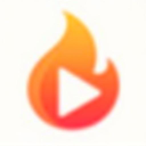 Minimalistic flat icon integrates play button and flame shape. Abstract smooth curves surround center play triangle. Warm gradient colors evoke energy. Design is bold modern and suitable for digital platforms with transparent background.