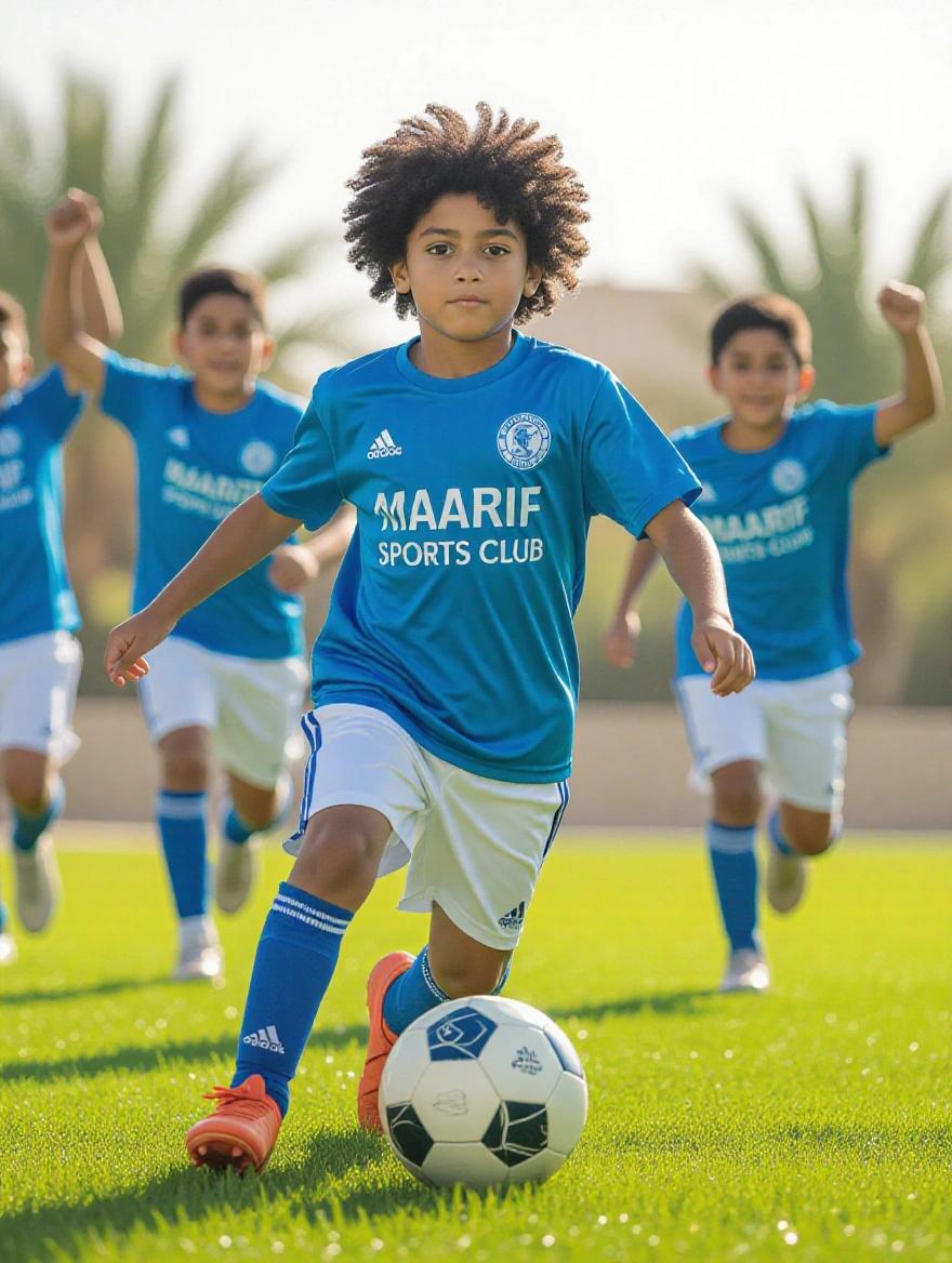High-quality image of an 8-year-old boy dribbling a football. Wearing blue t-shirt with Maarif Sports Club. Team members cheer in the background. Modern green grass field. Sunlight highlights ball movement.