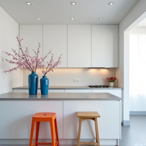 Photograph of a modern kitchen featuring minimalist style. Includes white cabinets, one tall and one short blue vase with blooming cherry blossoms. The kitchen has wooden stools and an orange stool in the foreground. There is a grey countertop and bright natural light. The design is clean and simple with small square recessed lights in the ceiling, showcasing a sleek and uncluttered look. The atmosphere is calm and serene.