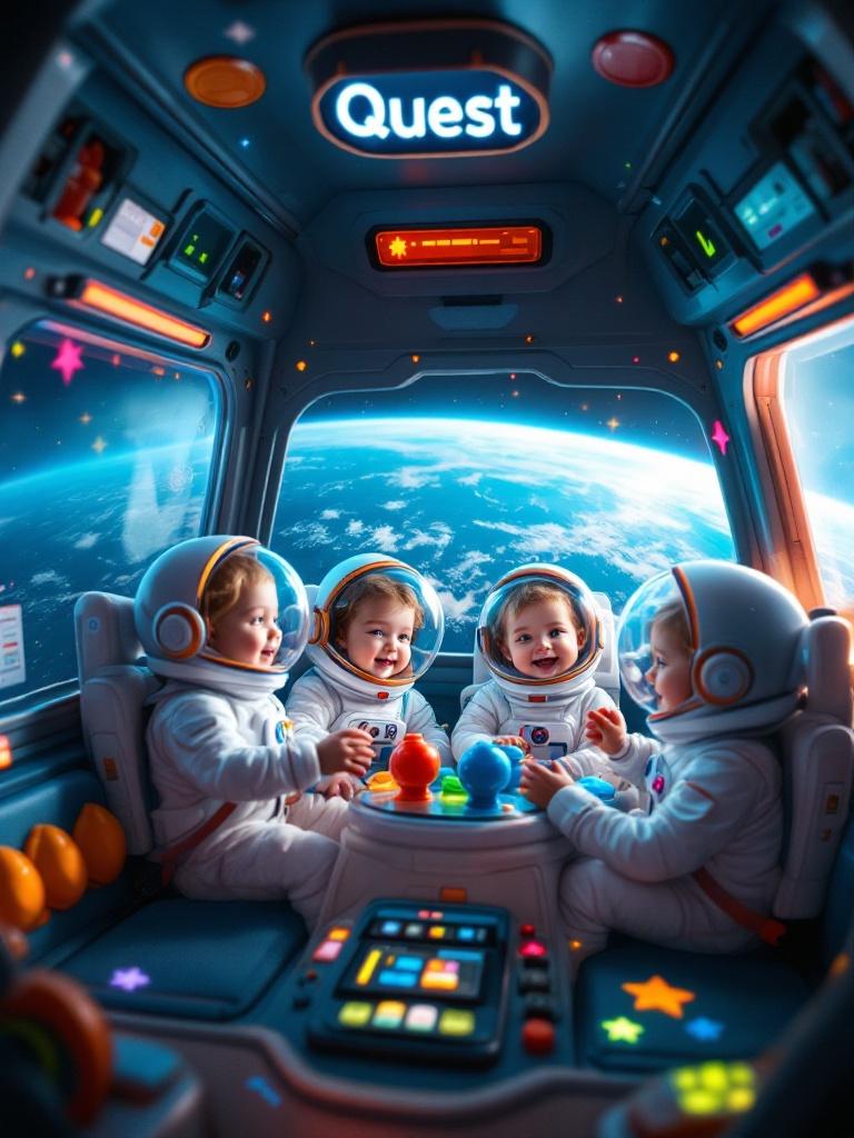 Scene with four toddler astronauts aboard a spaceship. The spaceship has a brand named Quest. Inside looks colorful and friendly. They interact with floating toys in zero gravity. Earth is visible through the windows. Magic of space explored through joyful expressions.