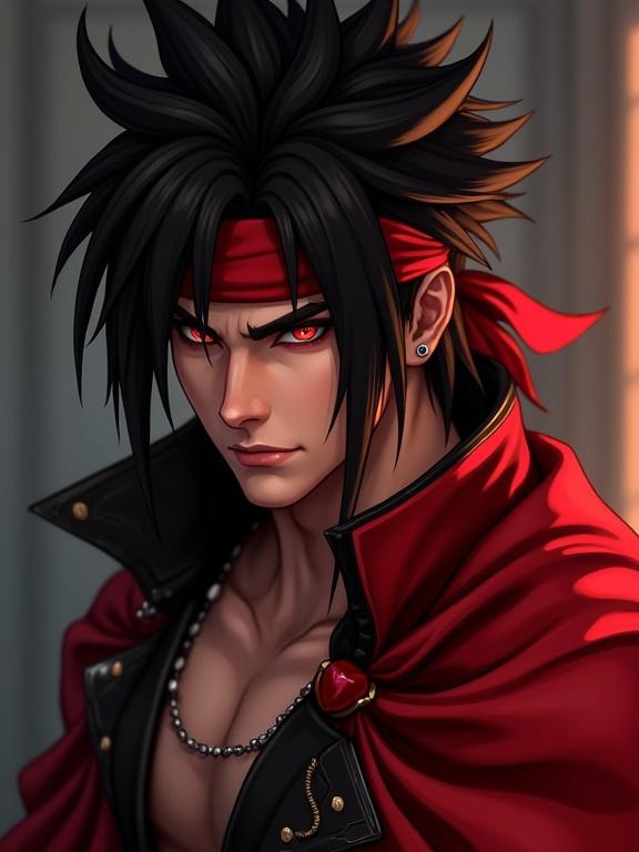 Depiction of a male character inspired by Final Fantasy VII series features defined muscular tone and divine facial structure styled with long spiky black hair. Character wears a red bandana and red leather attire. The artwork showcases flawless detailing and professional lighting with high definition clarity and romantic ambiance.