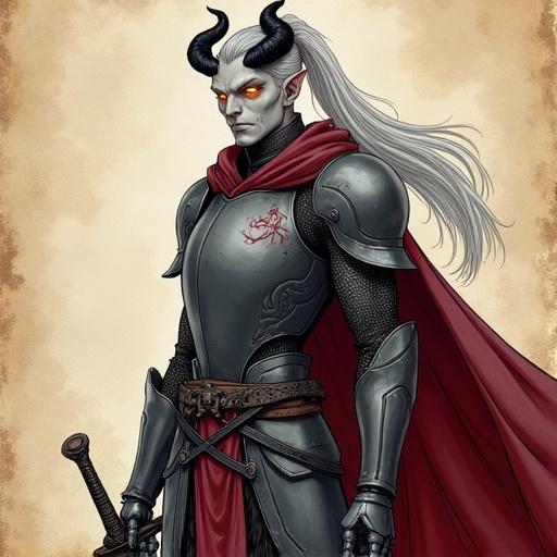 2.5D pen sketch of a tall haunted male tiefling paladin with ash-gray skin glowing amber eyes and long silver hair in a high ponytail. Black curved horns like a dark crown. Two scars across sharp cheekbones. Wearing matte etched plate armor with infernal sigils and a dark crimson cloak. Holding a longsword in a duelist stance. Stylized colored pencil and marker rendering with visible pencil strokes on grainy paper background. Non-photorealistic soft depth of field and parchment backdrop.