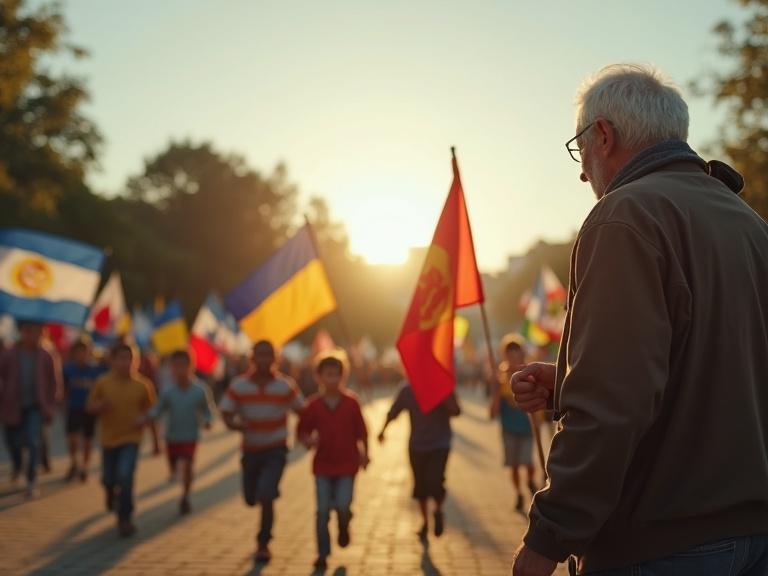 Scene depicting an old man watching children play. Children run with various country flags. Soft, cinematic lighting at golden hour.