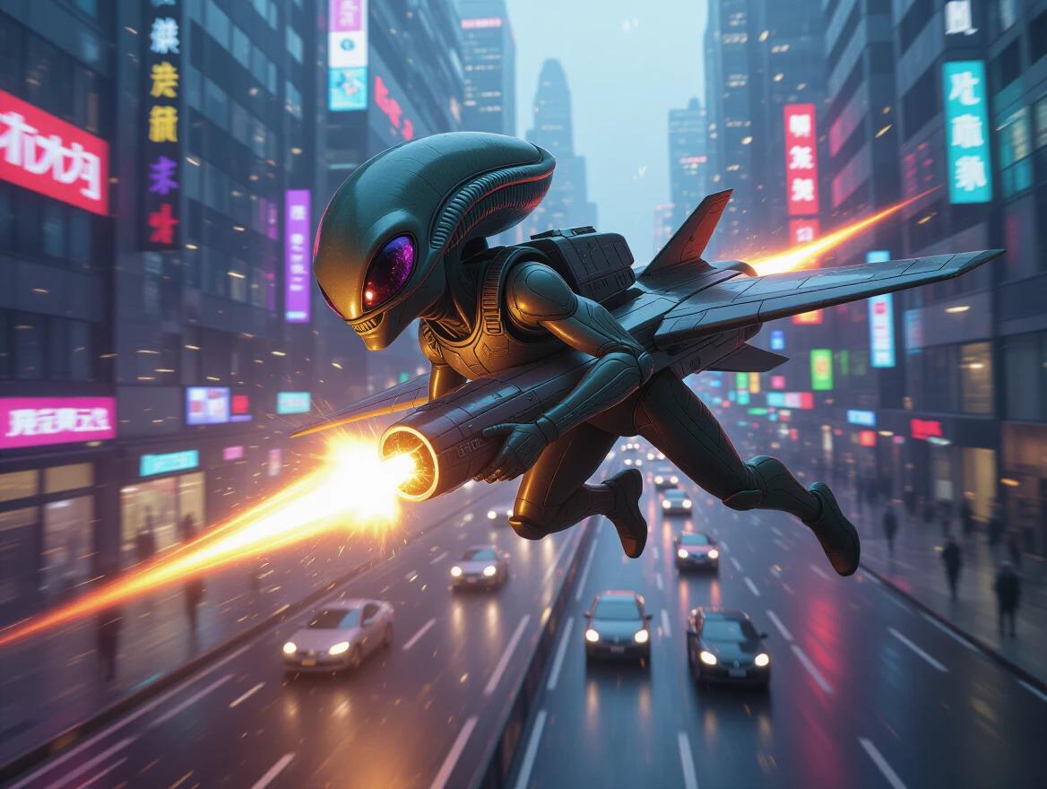 Close-up image of an alien flying swiftly above a cyberpunk city street. High-tech streets illuminated by neon lights