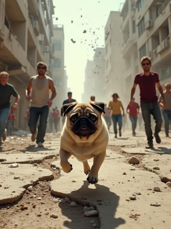 Scene shows an earthquake devastated city. Street has cracks and debris. A pug runs energetically in the foreground. People are panicking in the background. A building collapses and debris falls. The sky is dramatic with dust clouds. Urgency and destruction permeate the scene. Pug has a determined expression.