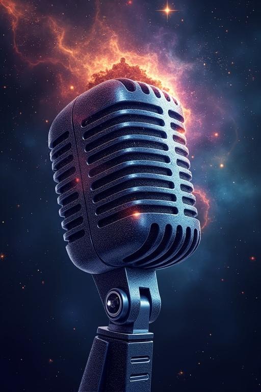 Stylized microphone intertwined with swirling galaxy or nebula. Title unknown universes.