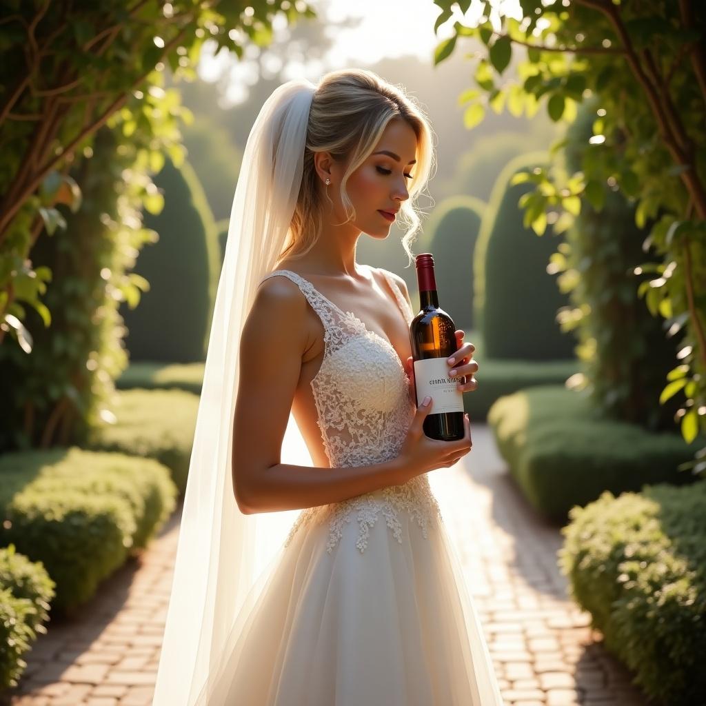 A bride is holding a bottle of wine in a garden setting. A beautiful and serene ambiance enhances the moment.