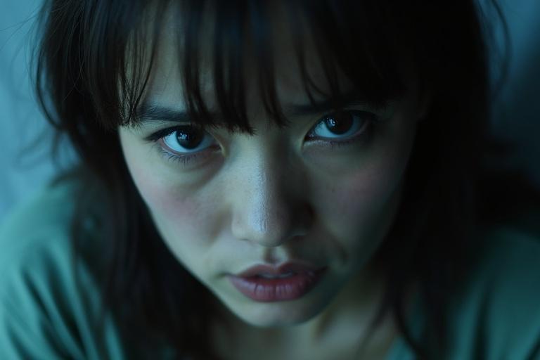 Close-up portrait of a woman with eyes showing pain and confusion. Scene is illuminated with bluish light. Overall tones are muted with a focus on emotional expression.