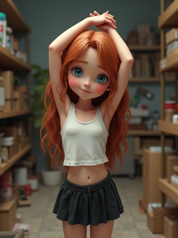 Photorealistic image of a cute tween girl standing in a cluttered storage room. She has long auburn hair, pale skin with freckles, and bright blue eyes. Wears a thin white tank top and a short black skirt. Her arms are stretched above her head, presenting a playful stance.
