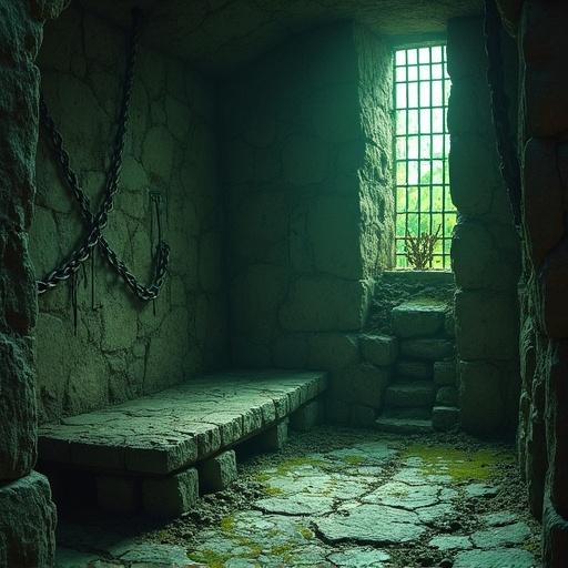 Interior of The Weeping Cell in a dark fantasy setting. Desolate ancient prison cell with oppressive atmosphere. Walls made of dark stones weeping oily ooze. Faint etchings from prisoners visible. Large rusted iron grate reveals abyss. Dim lighting with sickly green light from high window. Distorted shadows create chiaroscuro effect. Eerie illumination from moss. Heavy rusted chains and manacles bolted to the wall. Cold stone slab bed against the wall.