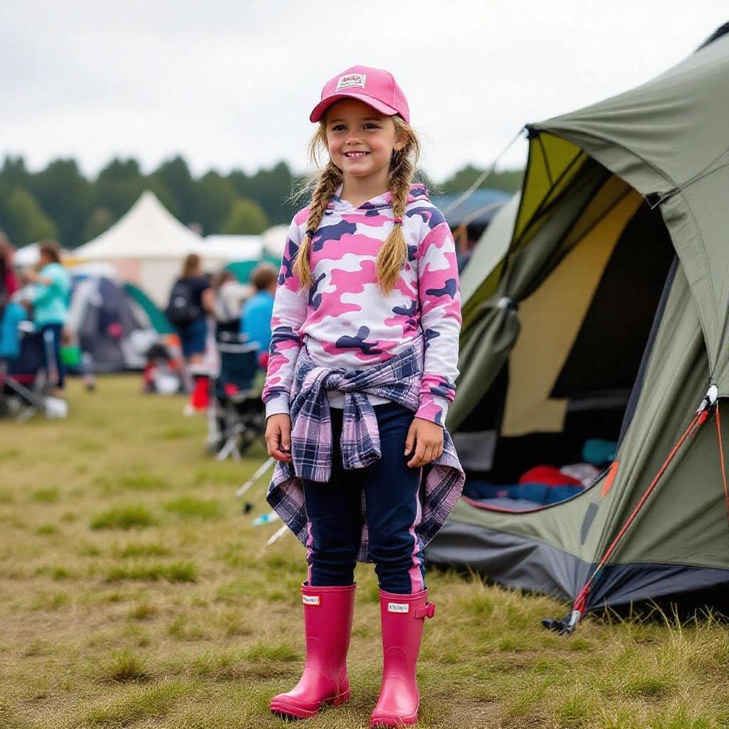 Girl standing outside tent at music festival. She wears a pink baseball cap and pink camouflage shirt. Outfitted in navy-blue pants and pink wellies. Background shows a camping scene.