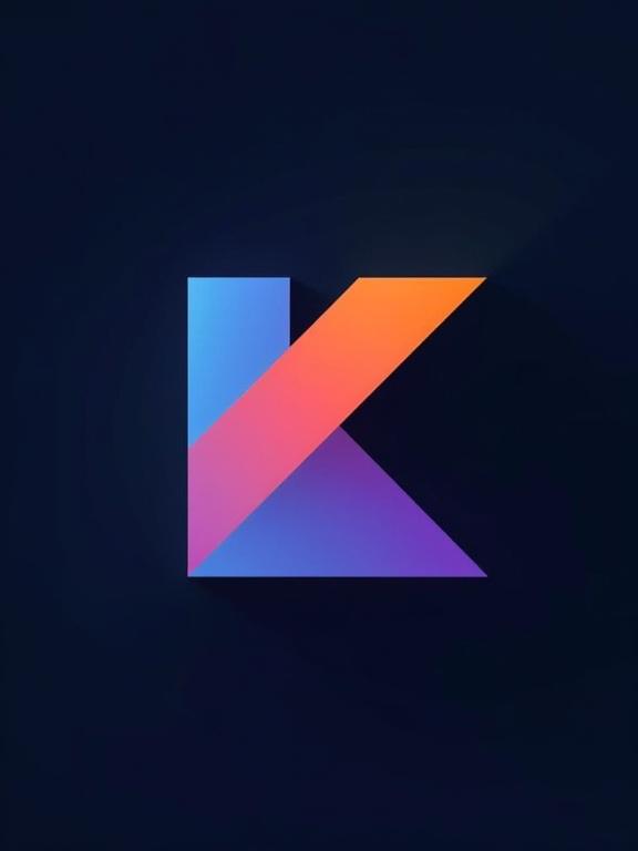 Kotlin logo design in a dark background. The logo features a stylized letter K with a gradient of blue, purple, and orange.