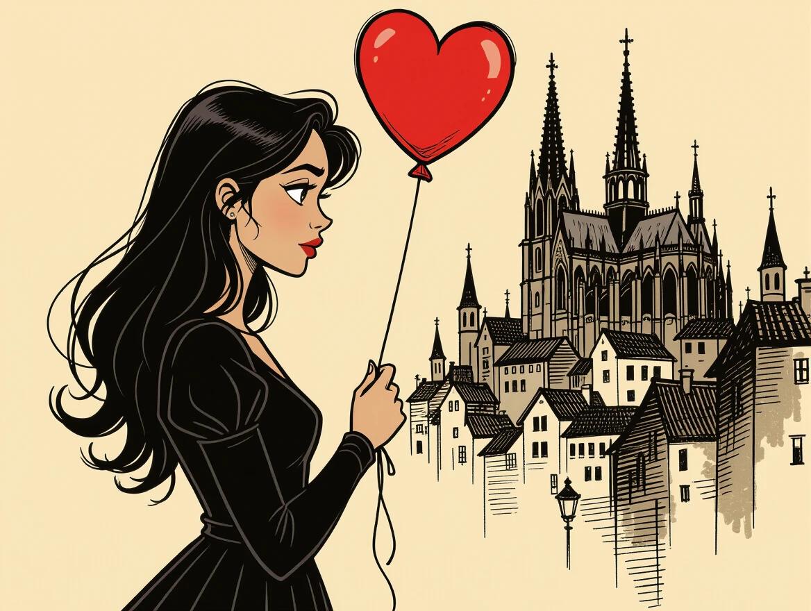 Muted beige background with a whimsical character design featuring a slim woman holding a bright red heart balloon. A gothic cathedral and village are rendered in the background with high contrast lighting. The style is expressive and sketchy resembling Disney concept art. Focus on the emotional connection of the character and the detailed textures of the setting.