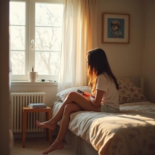 Realistic photo of a girl in a neat room. She sits on a bed looking thoughtful. Window light illuminates her face. A feeling of aspiration and dreams for the future.