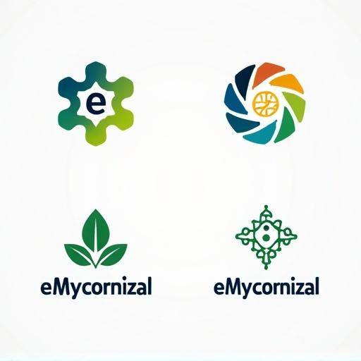 Display four logo concepts for eMycorrhizal in a 2x2 grid layout. Logos relate to smart energy use and sustainability. Top left: modular logo with interconnected energy grid and fungal designs. Top right: emblem logo with circular energy flow. Bottom left: logo merging natural roots and smart tech. Bottom right: modern logo with leaf icon. Use clean lines and consistent colors: green for 'e', blue for 'Mycorrhizal'. No shadows or gradients, background white or neutral.