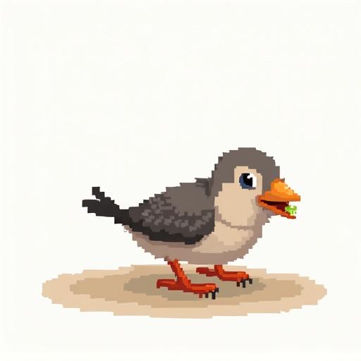 8-bit pixelated sprite sheet of a bird eating from the floor with no background.