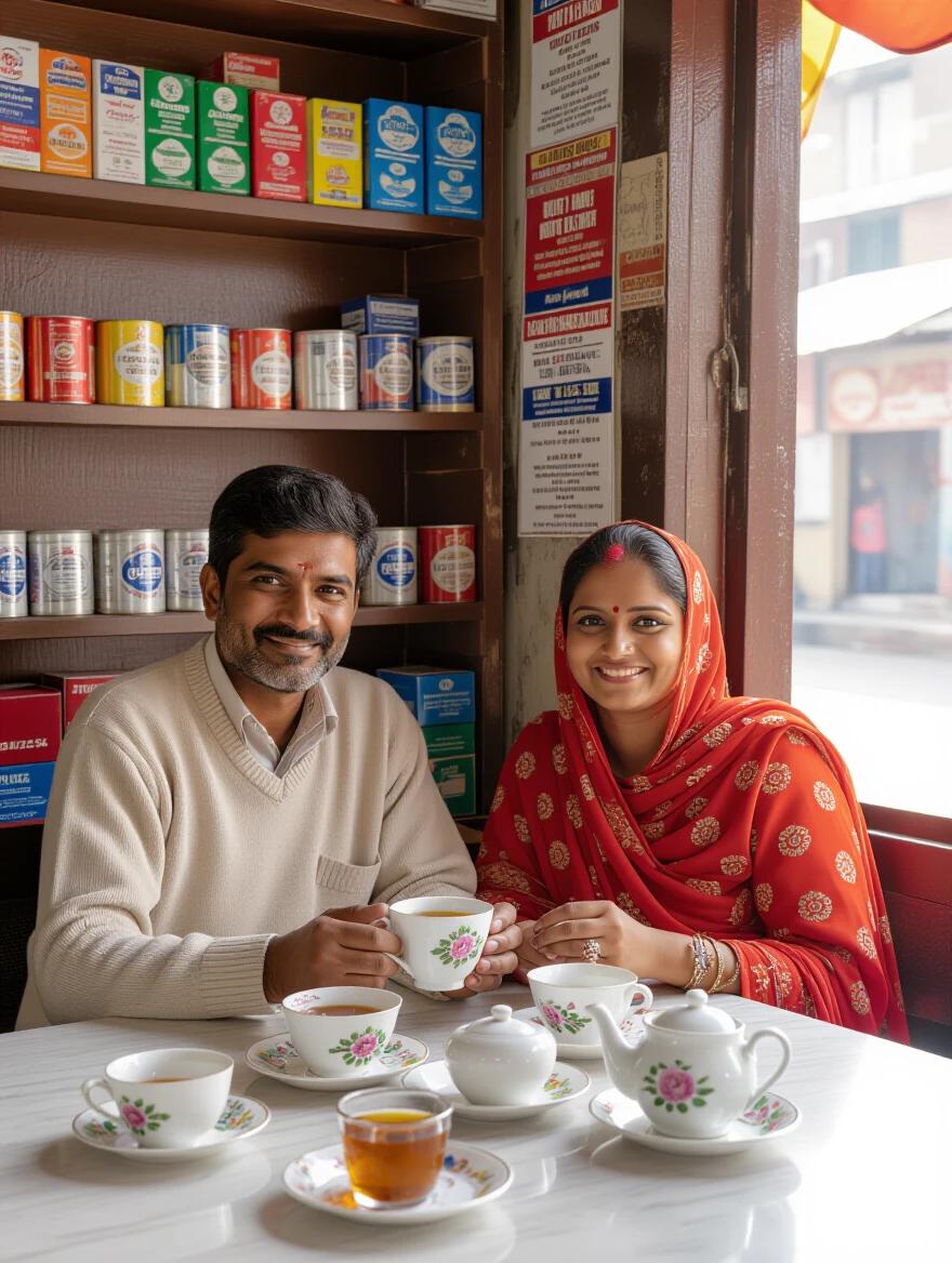 An Indian couple aged 28 enjoy tea at a local tea shop. Brightly colored tea boxes line the background while they engage in conversation. Freshly brewed tea is displayed on the table.