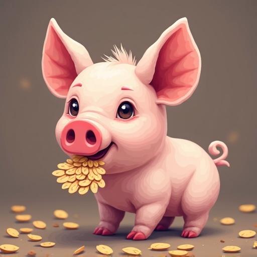 A cute pig with large ears smiles while holding oats and surrounded by gold coins