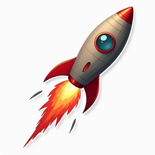 Illustration of a rocket taking off with flames and smoke. The rocket has a gray body with red fins and a blue window. The background is white. The rocket appears to be lifting off into space.