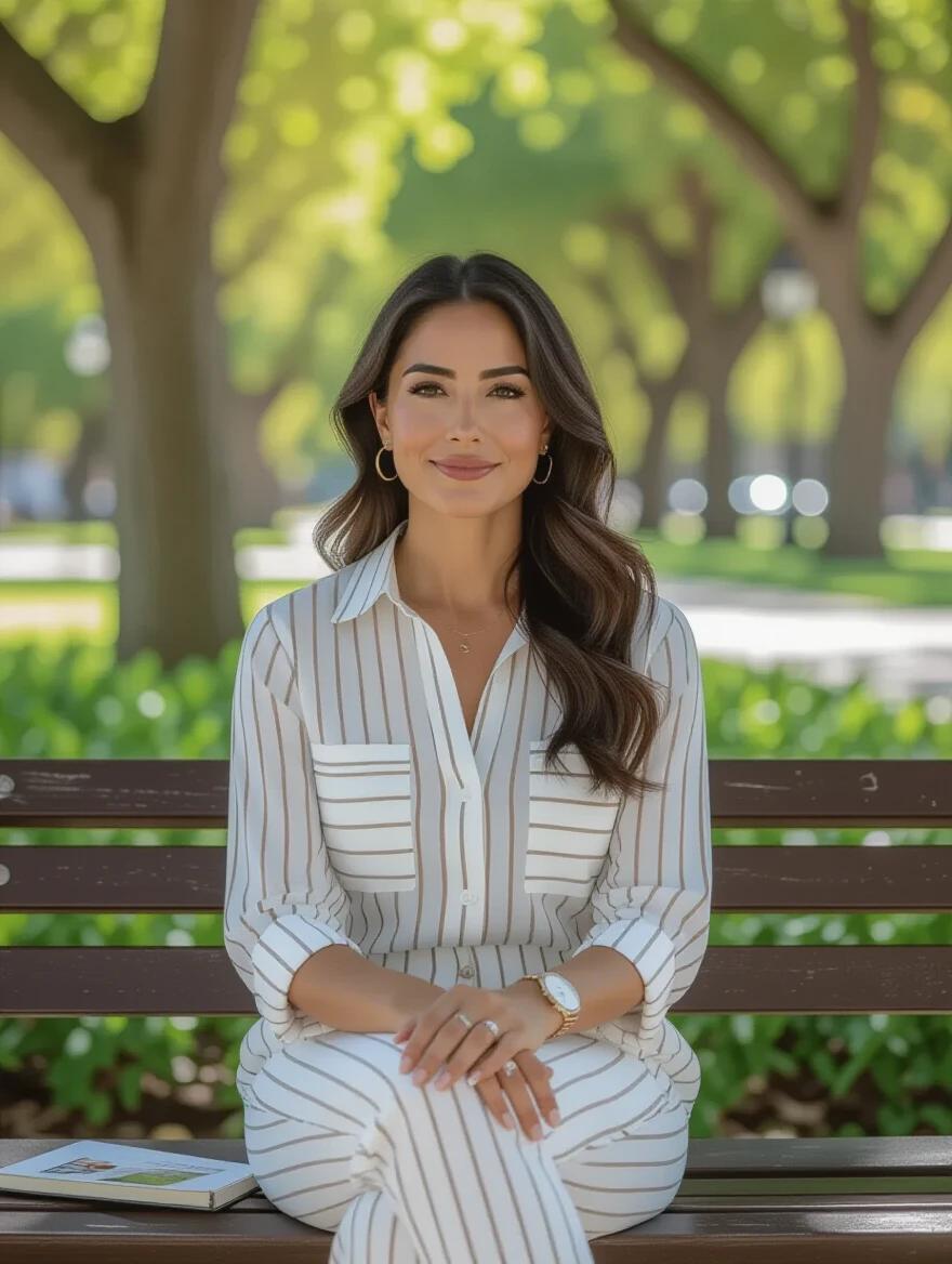 Photo of a 39-year-old Mexican woman with dark hair. She wears a striped shirt and wide-leg pants. Expression is calm and neutral. Posture is straight and relaxed facing forward. Appearance is elegant and composed. Seated on a park bench surrounded by trees and greenery. Dappled sunlight filtering through leaves. She holds a book or phone in one hand while the other rests on her lap. Background includes walking paths and nature.