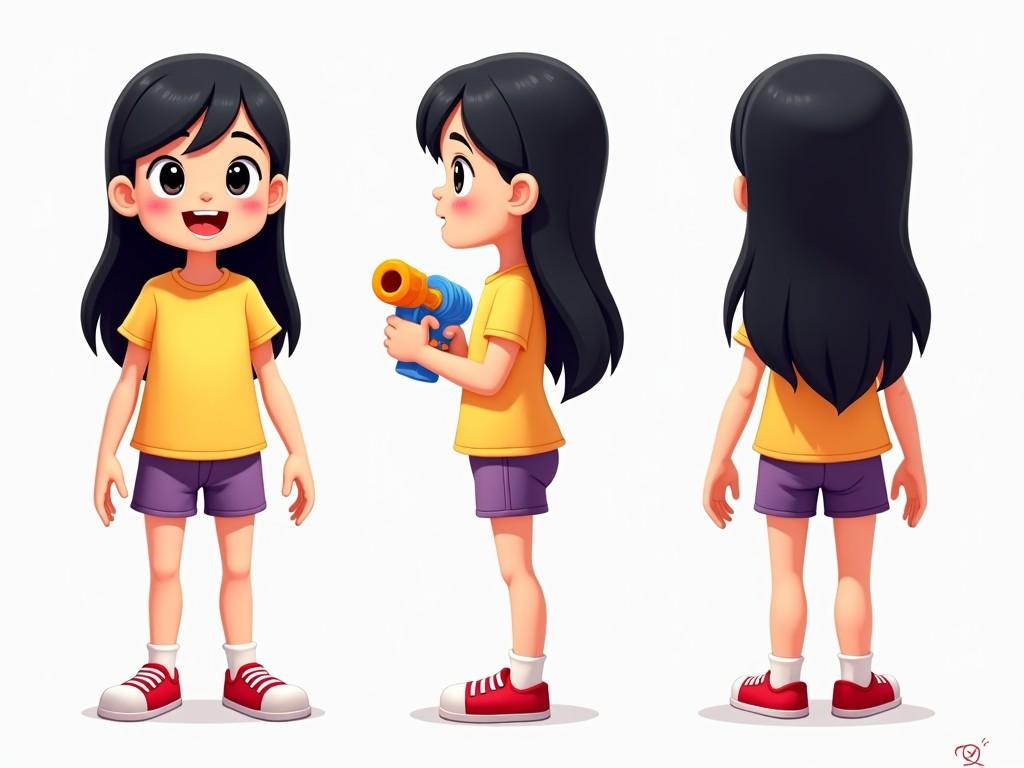 This image features a cartoon character turn-around sheet showcasing a cheerful girl. She has long black hair and is dressed in a bright yellow t-shirt and purple shorts. The character is depicted from the front, side, and back views. She is holding a colorful water gun, adding a playful element to the design. The girl wears red sneakers, completing her playful look. The overall style is vibrant and engaging, suitable for a children’s audience.