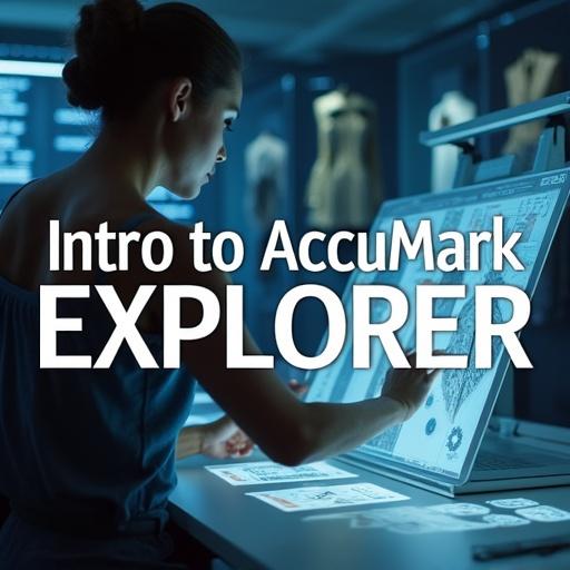 A fashion designer works on a digital pattern system using a futuristic interface. The background includes modern fashion elements. Bold text displays 'Intro to AccuMark Explorer'. The design appears professional and clean.