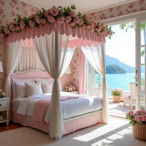 Interior of a bedroom featuring a light pink and white four poster canopy bed with pink roses. Light pink floral wallpaper complements the decor. French doors open to a seaside veranda filled with flowers and mountains in the background.