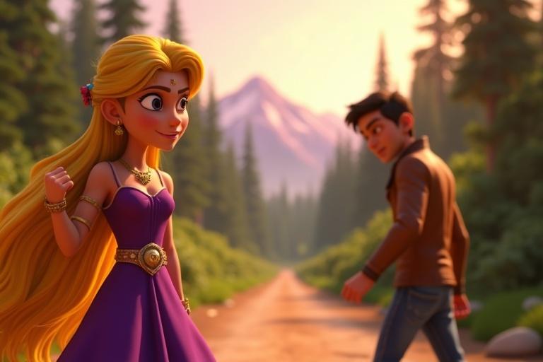 Cinematic scene features Arohi in a purple gown and golden hair with a determined look. Aranyak in a leather jacket admires her. A forest path leads to glowing Himalayan peaks in the background.