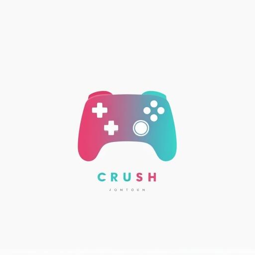 Minimalist gaming logo with a single game controller icon and the word CRUSH in modern font. Incorporates a pink-to-teal gradient. Tagline I Win Some, I Lose Some, I Crush Most can be used sparingly. Aim for an iconic logo.