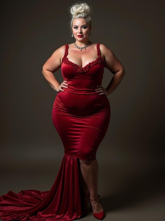A mature woman stands confidently in a red velvet dress. She has high silver hair styled in a bun. Pale skin with freckles complements a curvy figure. The dress is tight and elegant, flowing behind her. The stiletto heels complete her look for a gala event.