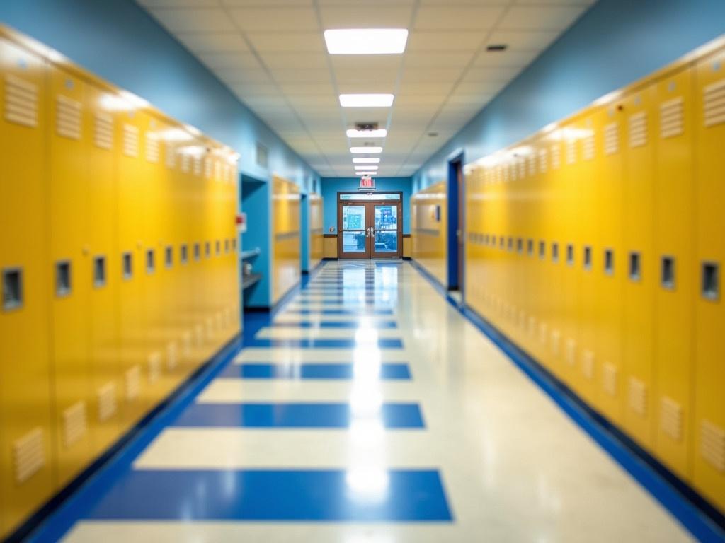 A view of a high school hallway showing the student yellow lockers. The hallway is well-lit, with bright overhead lighting illuminating the area. The floor is shiny and features a pattern of blue squares interspersed with white tiles. There are rows of yellow lockers lining both sides of the hallway, giving a vibrant, cheerful look. At the end of the hallway, large glass doors lead outside, and there is a water fountain nearby.