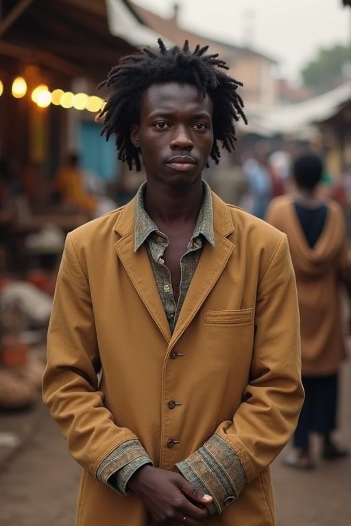 A young man stands in a market wearing a stylish brown coat. A vibrant market scene in the background with people milling about. The setting is lively with a warm atmosphere.