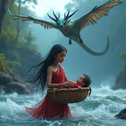 A young woman in a red sari kneels in a cold rushing mountain river. She protects her baby with a distressed expression. The baby is in a woven basket. Above, a massive flying serpent hovers ominously. The scene is misty and atmospheric.