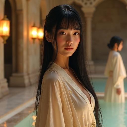 Ultra-realistic portrait of a young noblewoman in a medieval bathhouse. She has porcelain skin with a gentle blush. Long straight black hair arranged behind her head. Large expressive brown eyes convey confidence and kindness. Standing near a marble bath. Surrounded by carved stone columns and golden lanterns. Wearing a light silk robe with gold embroidery. Calm dignified presence in warm steam-filled air. Other women around in light robes. Soft golden light creates a serene atmosphere.