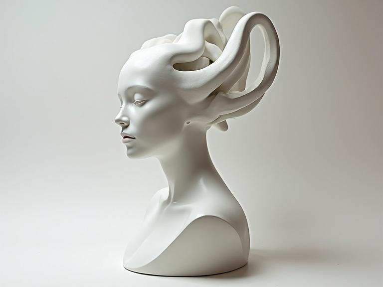 A surreal minimalist sculpture is displayed. The sculpture features flowing forms that suggest movement and depth. It has exaggerated contours that create an optical illusion. The design is mostly white with smooth surfaces. It obscures features to create an uncanny beauty.