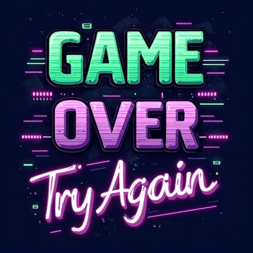 Gaming-inspired t-shirt design features retro 8-bit game controller. Text says 'Game Over, Try Again' uses pixelated arcade-style font. Colored white on a transparent background. Design has vibrant cyberpunk aesthetic and glitch effects. Optimized for navy blue unisex t-shirt printing.