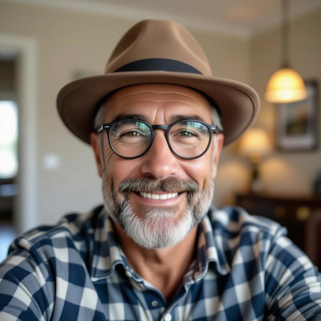 Realistic selfie featuring a handsome 61 year old man wearing a stylish hat. Background shows a cozy indoor environment. High-quality 4k resolution.