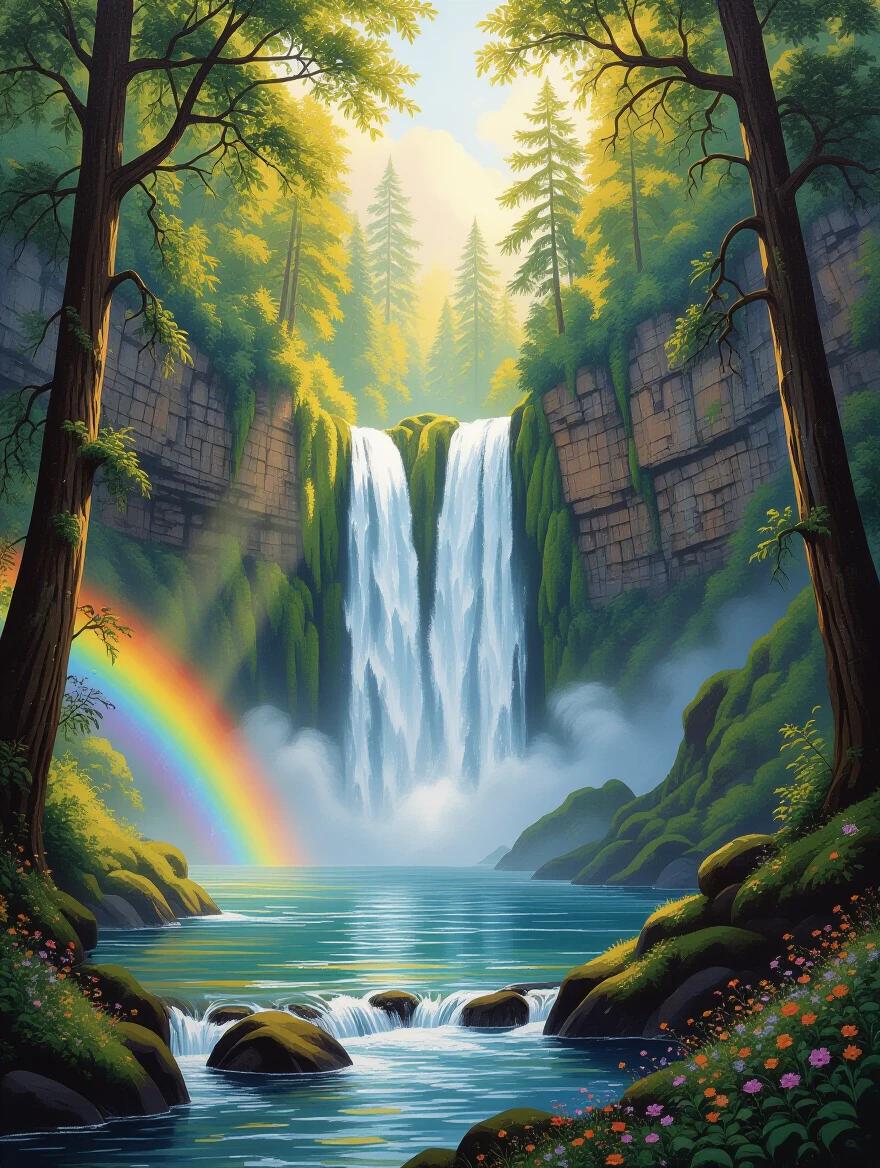 Magnificent towering waterfall cascading down moss-covered granite cliffs into a crystal-clear pool. Surrounding lush ancient forest with towering trees and delicate wildflowers. Soft golden sunlight filtering through misty spray creating rainbow prisms. Masterpiece oil painting in the style of Albert Bierstadt and Thomas Cole. Highly detailed textures.