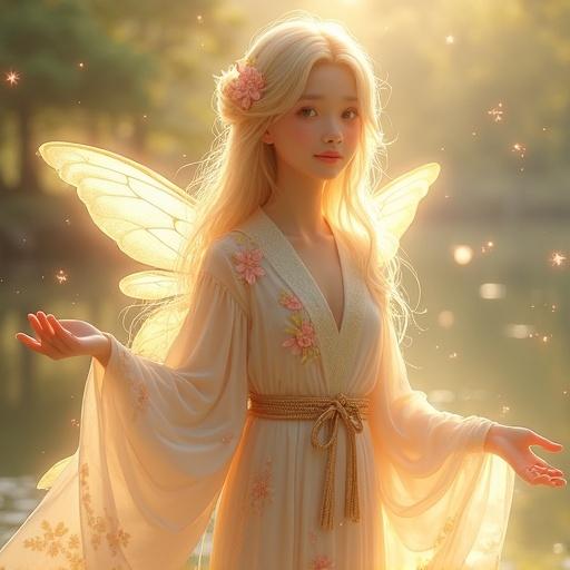 Full-body portrait of a delicate fairy-like young woman named Shion. She has long pale golden hair, glowing faintly. Shion stands gracefully with arms extended, welcoming the viewer. A gentle smile and soft compassionate eyes highlight her expression. She wears a flowing fantasy kimono with soft colors of white and pink, adorned with floral embroidery. Delicate glowing wings enhance her fairy appearance. Surrounding her are tiny sparkles and a warm golden halo, set against a misty lakeside garden background.