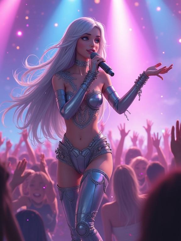 A young woman with long silver hair performs on stage. She wears a metallic outfit blending armor and fantasy fashion. She holds a microphone, expressing enthusiasm. The background features a lively concert with bright stage lights. The crowd cheers, creating an energetic vibe. The scene includes floating sparks and glowing particles, enhancing the dreamlike quality. Soft textures and gentle lighting are used for a highly detailed appearance.