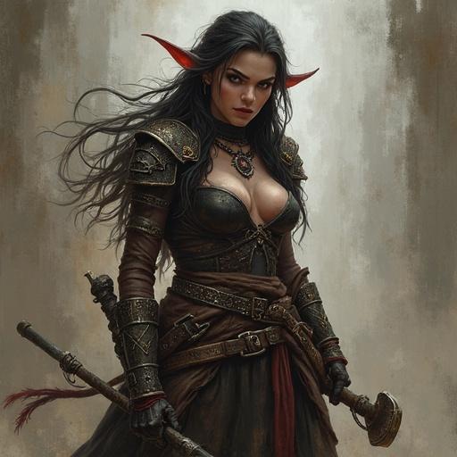 Tiefling woman barbarian with long black hair and red horns. She wears a revealing armored outfit and holds a weapon, exuding strength and confidence. The setting is moody with dark tones.