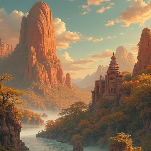 A majestic fantasy landscape featuring a serene river flowing by a castle-like structure surrounded by mountains and lush trees under a vibrant sky.