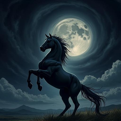 A majestic anime dun horse rearing up against a dark swirling black landscape background