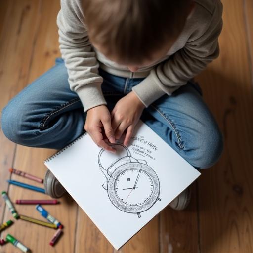 Little boy sitting cross-legged with crayons and sketchbook. Drawing a round wristwatch. Writing about love and struggle. Mood reflects innocence and sweetness.
