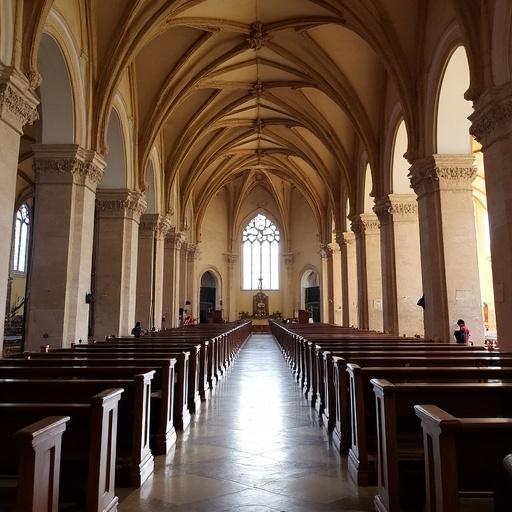 Interior view of Catedral de Chiclayo with tall arches and wooden pews. Light streaming through windows creates a serene atmosphere. Captures the beauty of religious architecture.