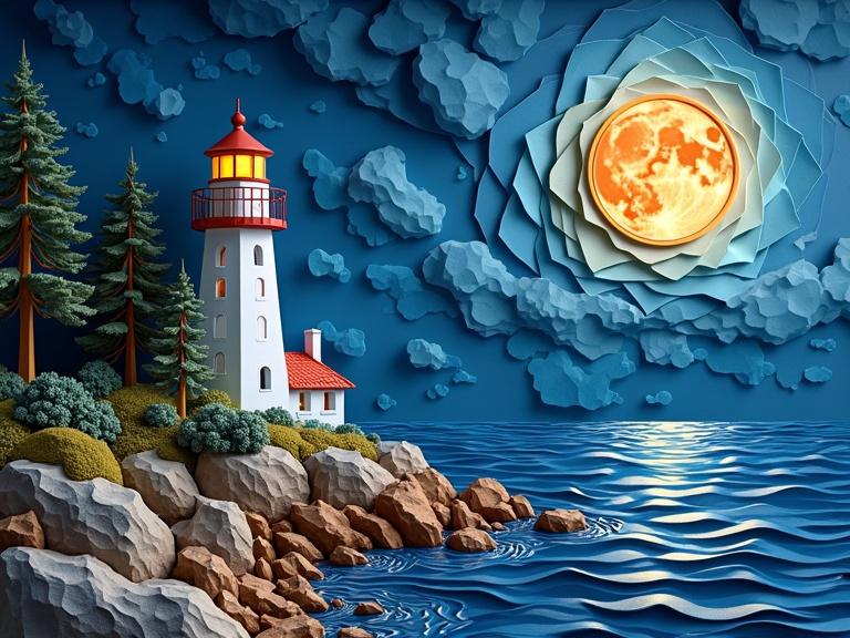 3D exquisite masterpiece inspired by origami paper craft. Multi-layered design with thick paper folds. Lighthouse on rocky shore. Nighttime scenery with full moon. Moon glows softly above ocean waves. Trees line the coast. Detailed reflections on water surface. Deep textures and colors used throughout. Artwork resembles Van Gogh's styles. Digital art with high detail.