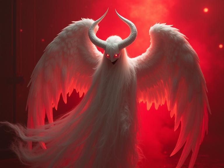 White angel figure with flowing hair and glowing red eyes. Dark red background with a hellish atmosphere. Wings are large and fluffy representing evil.